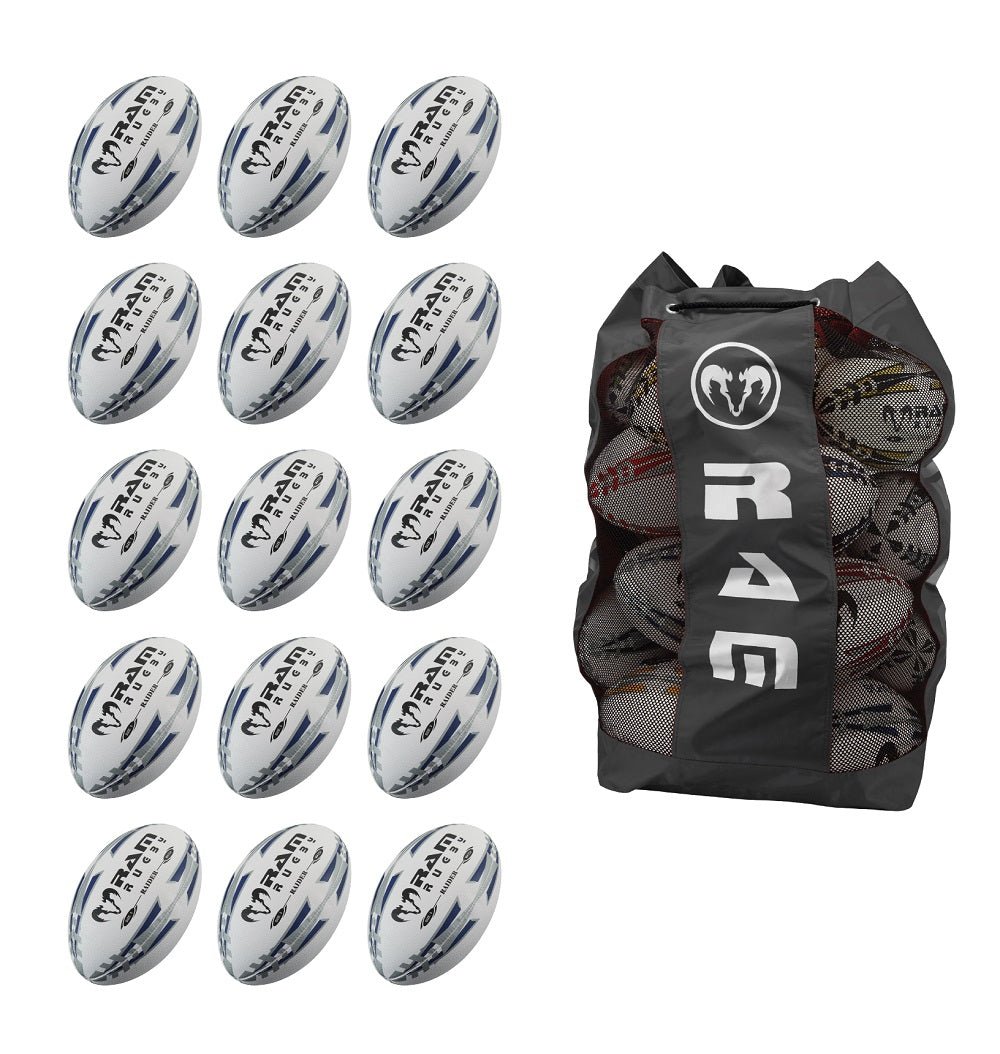Stack of black Raider 20 soccer balls with carrying bag highlighting RAM Ball Bundles collection, top quality sports gear.