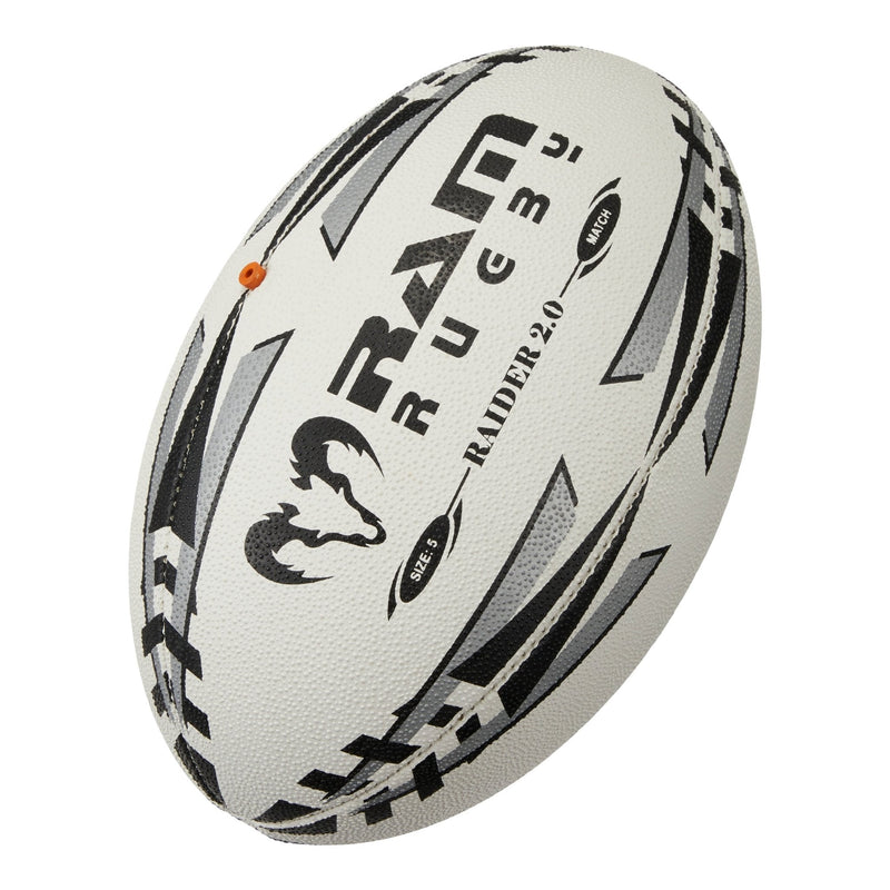 RAM Rugby Balls collection cover featuring a red and white 3D grip rugby ball designed for reliable performance and durability