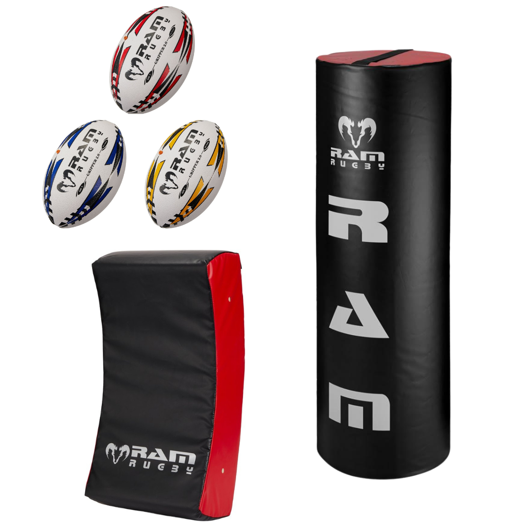 Rugby gear collection cover featuring durable RAM Rugby Recommended Products including ball, boots, headgear, and training accessories