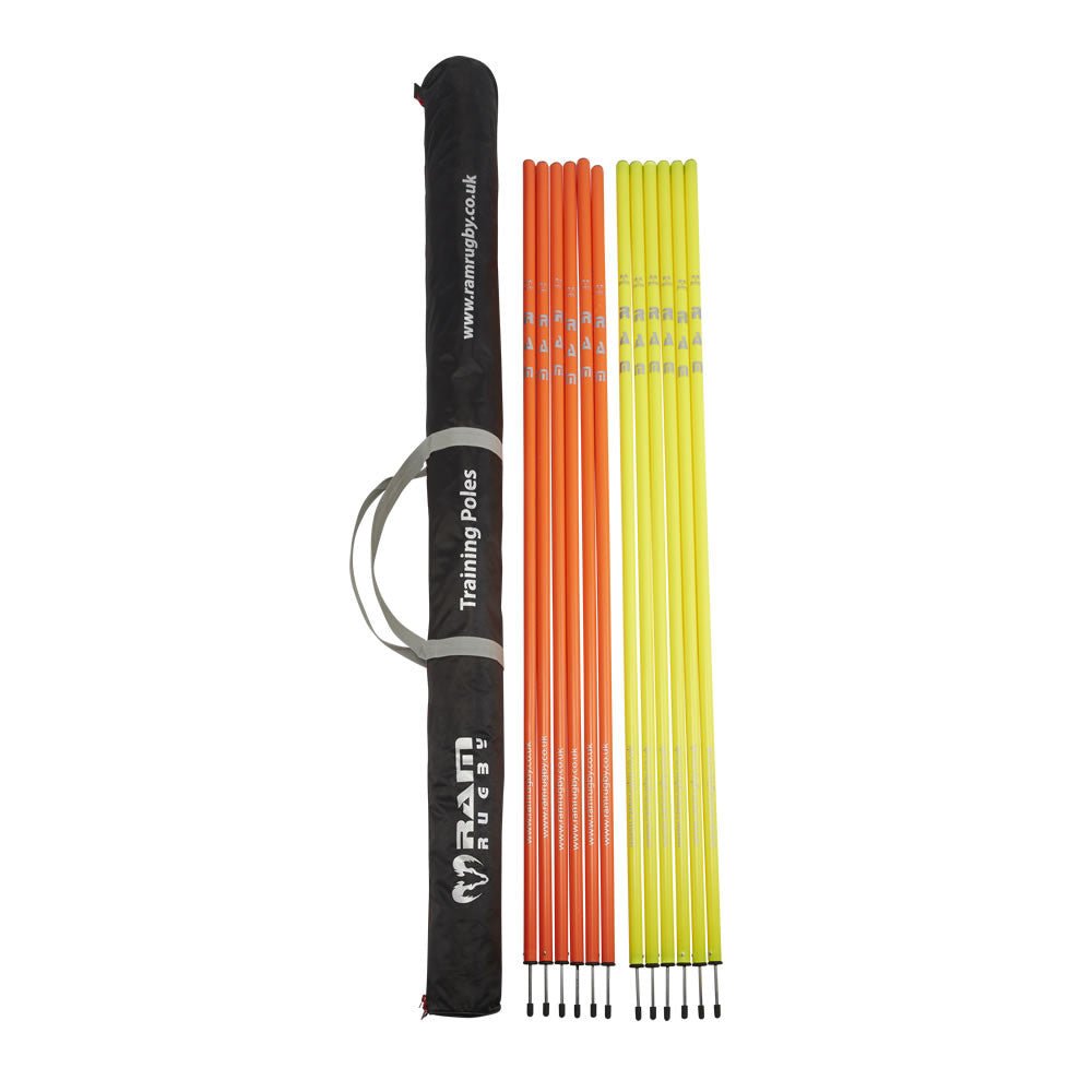 Brightly colored RAM Slalom Poles arranged for agility and sprint training, durable markers ideal for field and club use