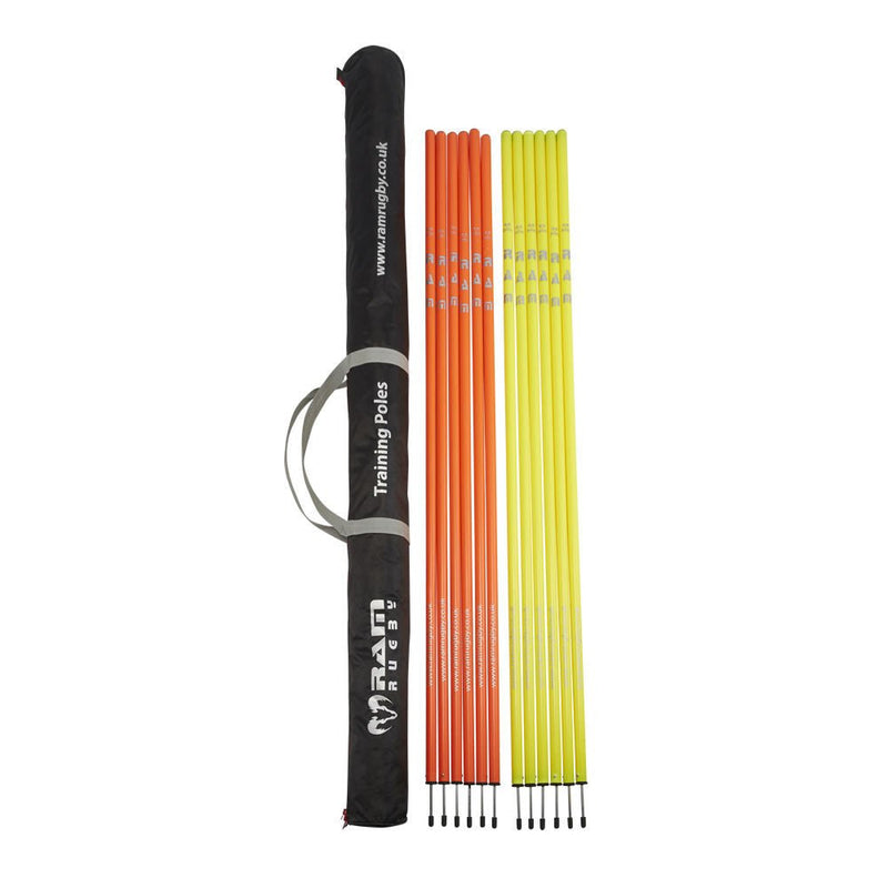 Brightly colored RAM Slalom Poles arranged for agility and sprint training, durable markers ideal for field and club use