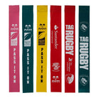 Ram Rugby custom numbered training bibs and tag belts with logo, vibrant colors, breathable mesh, and adjustable fit for sports.