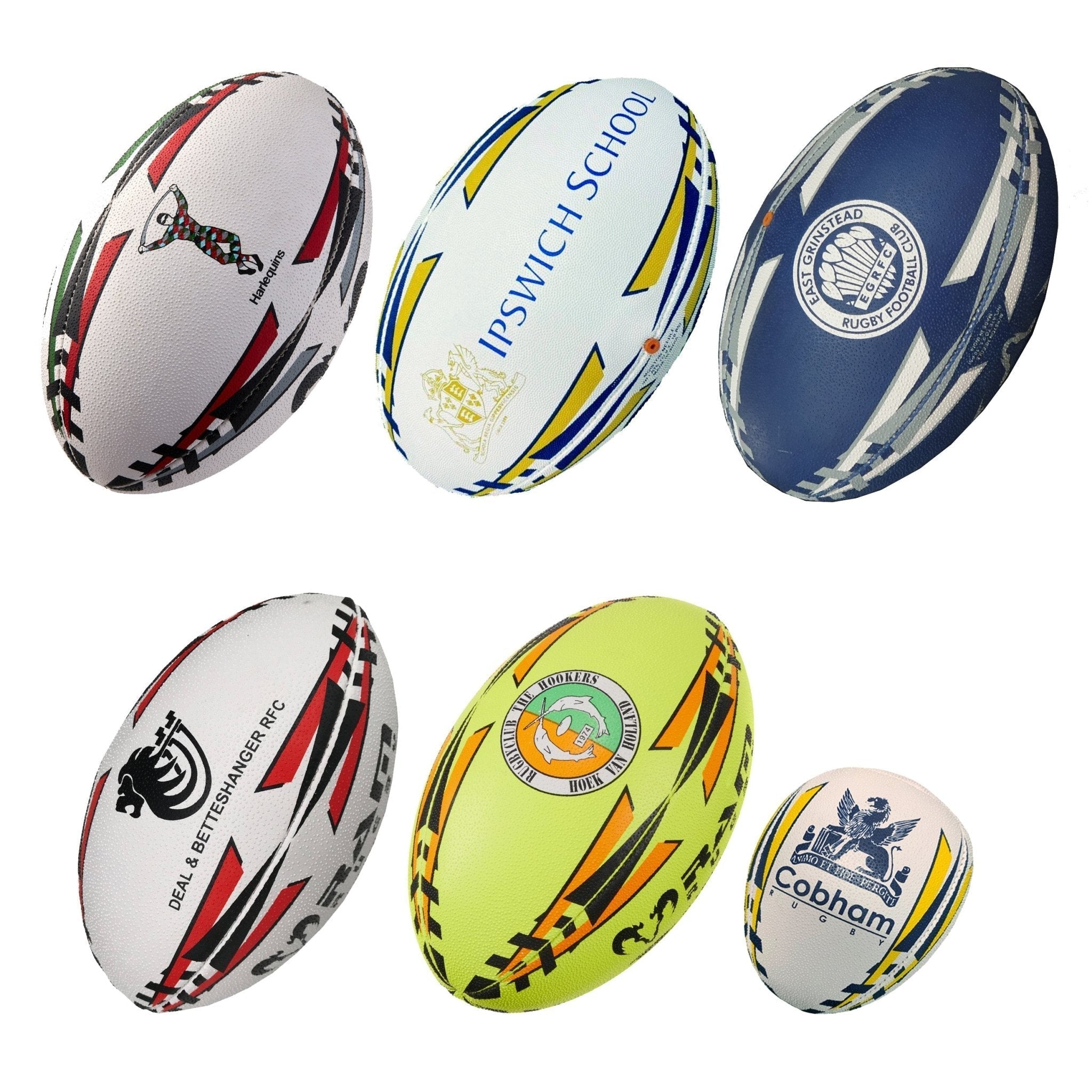 Ram Rugby Raider Gripper custom rugby ball in white and navy with personalized club branding for match and training use