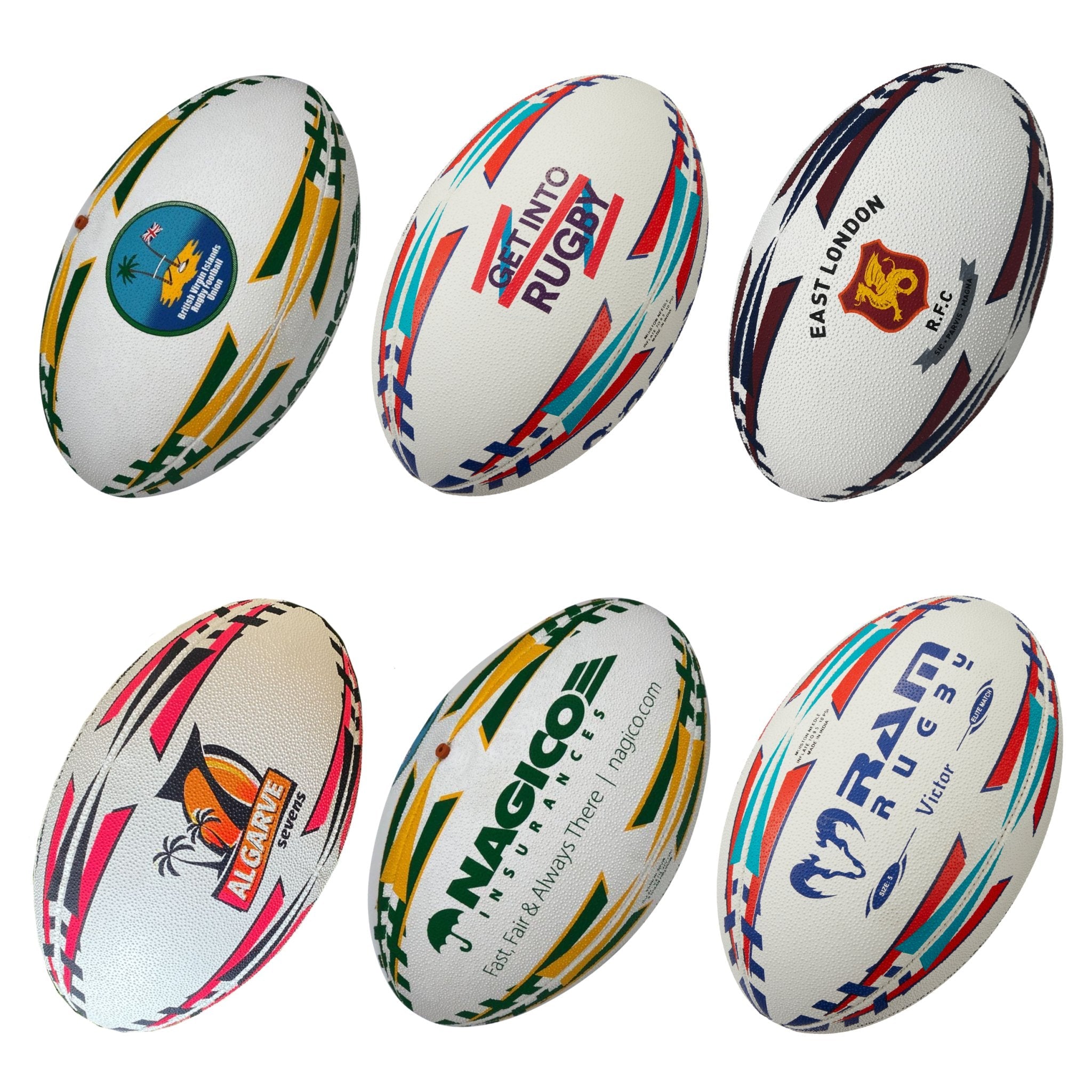 Twelve custom match training soccer balls with vibrant multi-color design arranged on green artificial turf for practice sessions