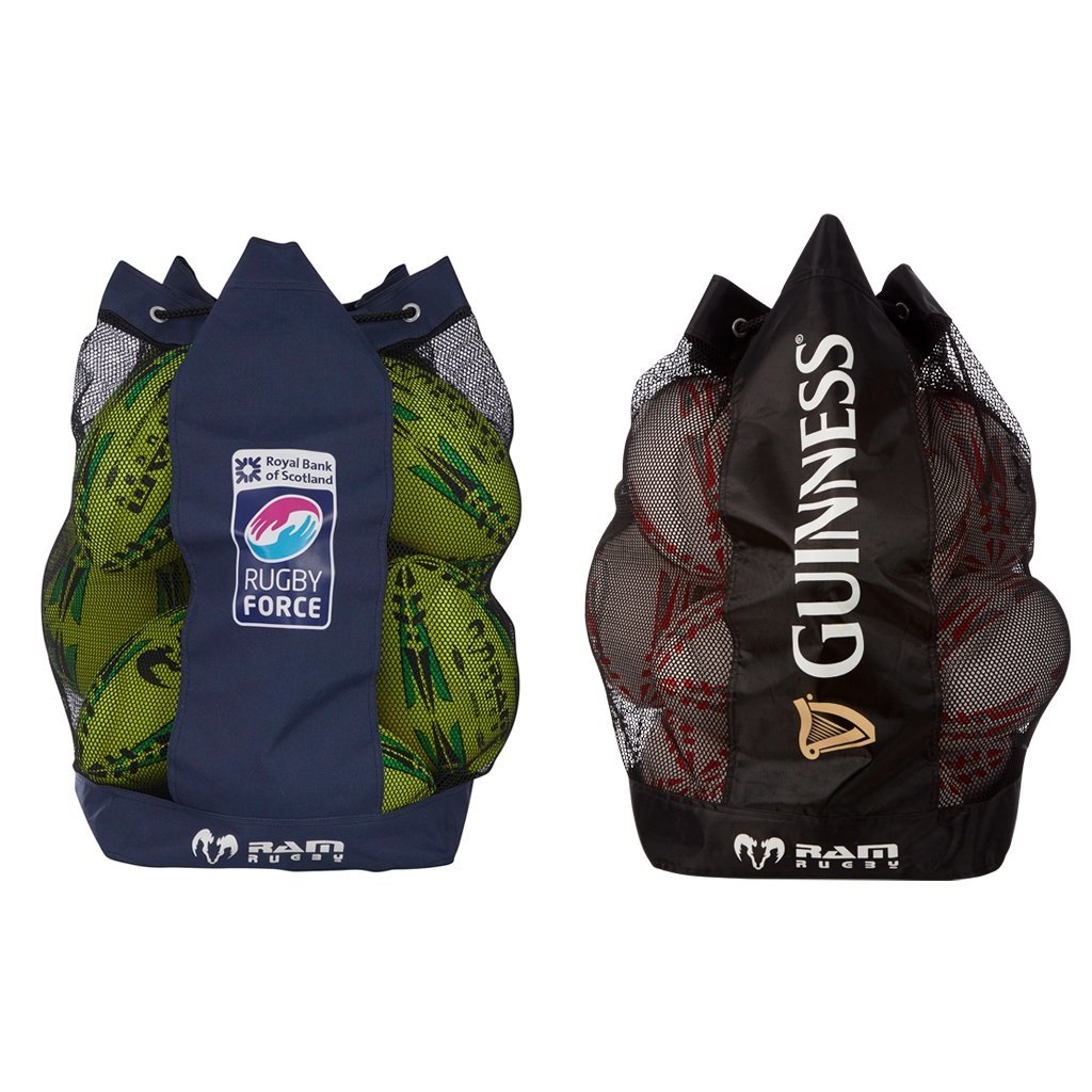Ram Rugby custom training balls, colorful bibs, and durable ball bags displayed for rugby club team practice sets