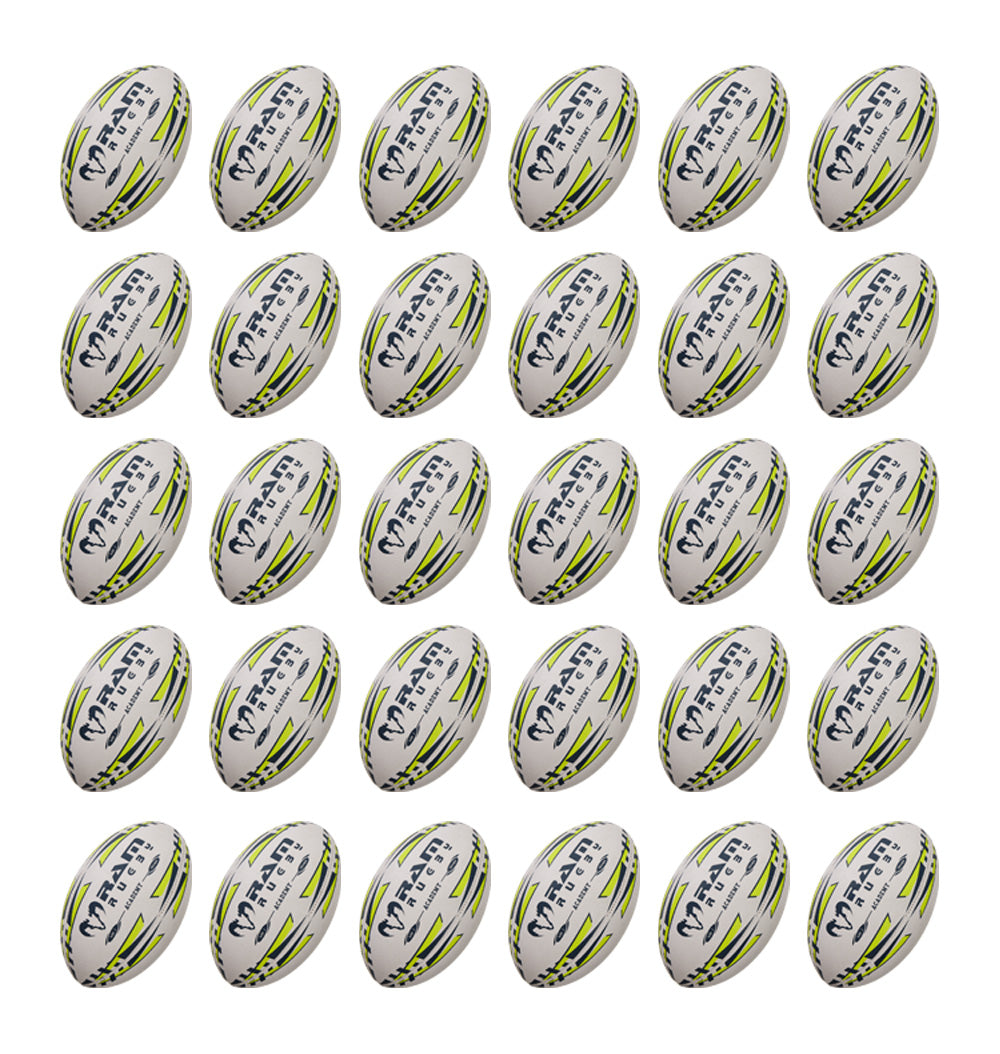 Ram Rugby Academy Trainer Ball Bundle with 30 durable youth-sized rugby balls and two breathable storage bags for training sessions