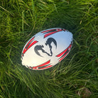 Ram Rugby Mini Softee 15cm kids rugby ball in white and blue soft PVC with cotton filling, size 1 for children’s play