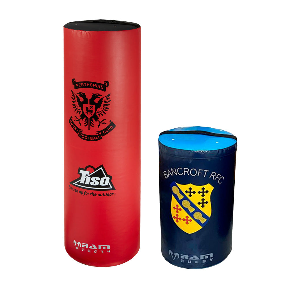 Ram Rugby custom tackle bag in blue and white with durable vinyl material, ideal for professional rugby training sessions UK made