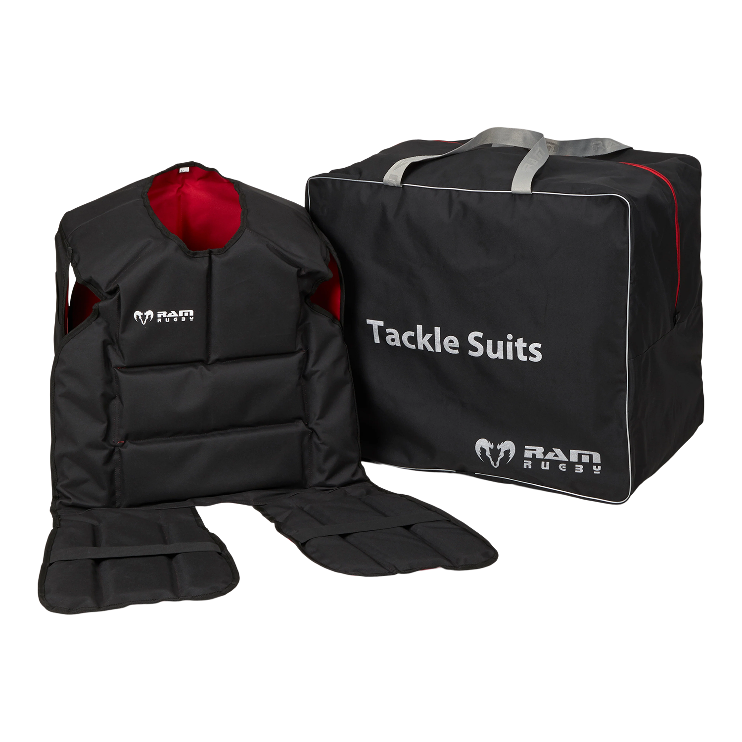 Ram Rugby Tackle Suit in black with padded full-contact training gear, durable 600 Denier Cordura and PVC backing for protection