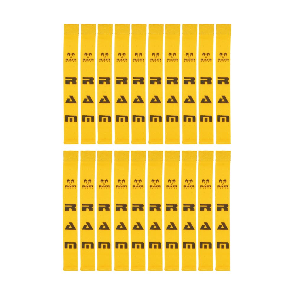 Set of 20 Ram Rugby woven webbing tag rugby strips in black, 16" long durable tags for secure strap attachment