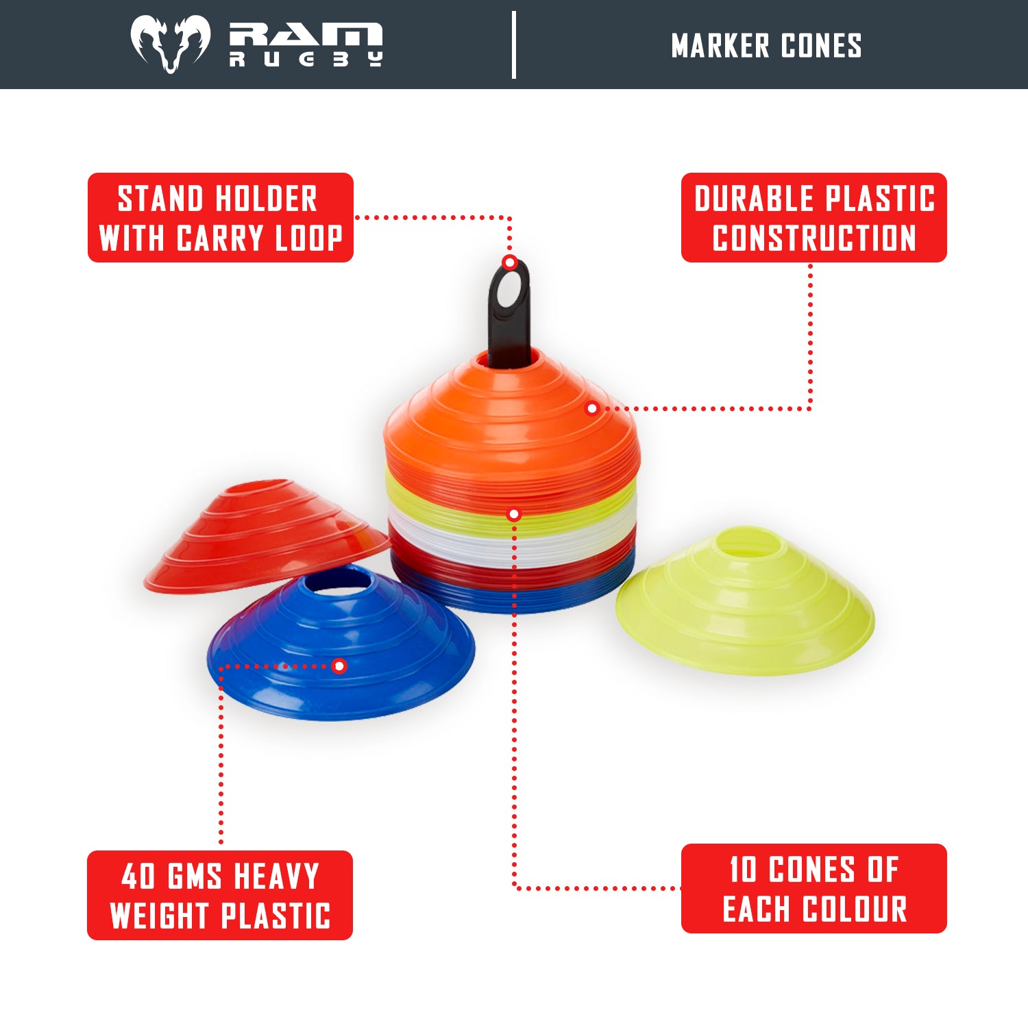 Ram Rugby set of 50 durable 40g rugby marker cones in five colors with stand holder for training and coaching drills