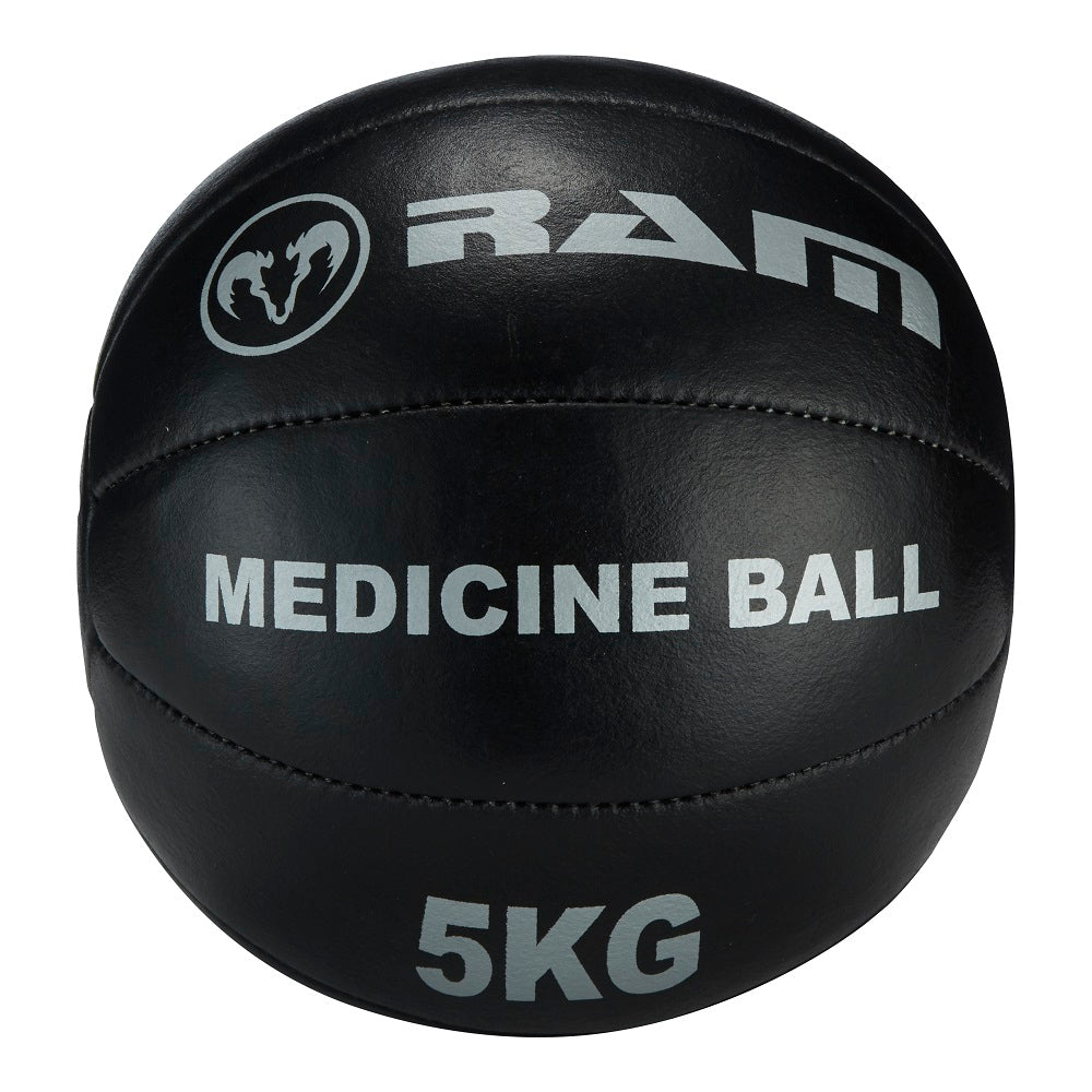 Set of black Ram Rugby durable medicine balls in 3KG, 5KG, and 10KG sizes with slip leather 8-panel design for strength training