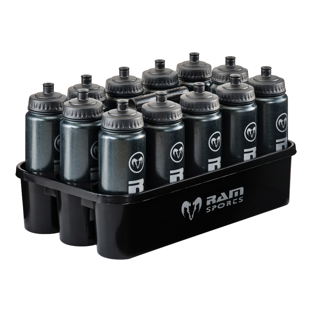 Ram Rugby 12-pack 750ml water bottles set with black durable plastic carrier, ideal for team sports hydration and training use