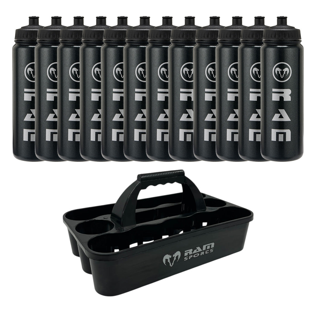 Ram Rugby 12-pack 750ml water bottles with durable black plastic carrier, ideal for team sports hydration and training use.