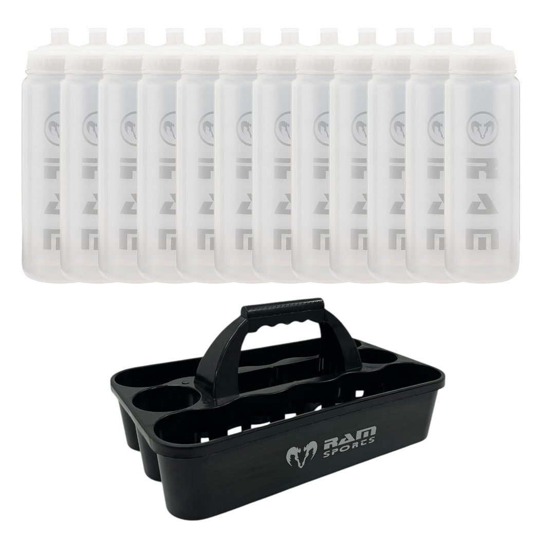 Ram Rugby 12-pack 750ml clear water bottles neatly arranged in durable black plastic crate carrier for team hydration