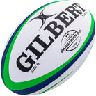 Custom Gilbert rugby balls by Ram Rugby featuring vibrant printed logos, ideal for clubs and events, delivered in 20 weeks.