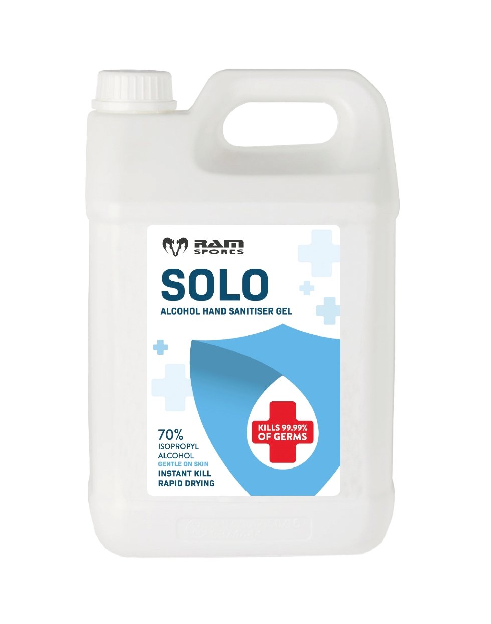 Four 5-litre bottles of Ram Rugby Hand Sanitiser Gel in a pack, ideal for effective hygiene and safety in workplaces