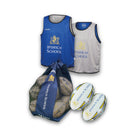 Ram Rugby custom training balls in vibrant colors with matching ball bags and reversible training bibs for rugby practice