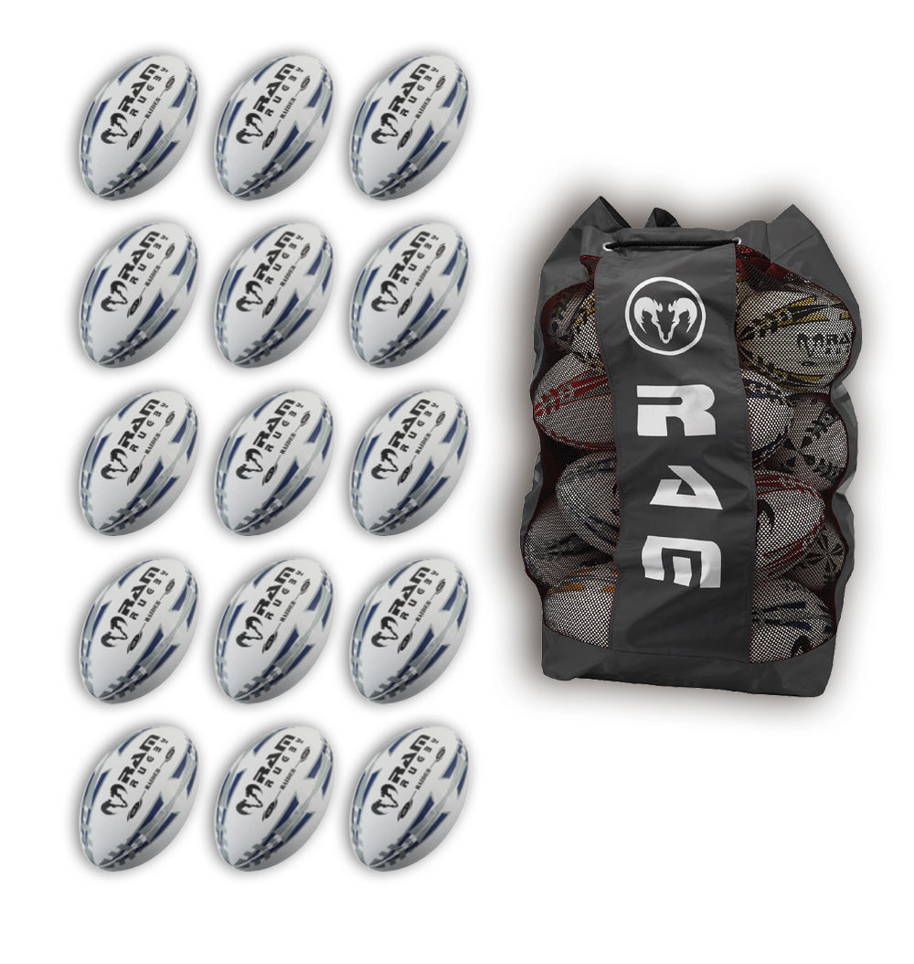 Set of 15 Ram Rugby Raider 2.0 Black match balls with breathable black ball bag for storage and rugby training sessions