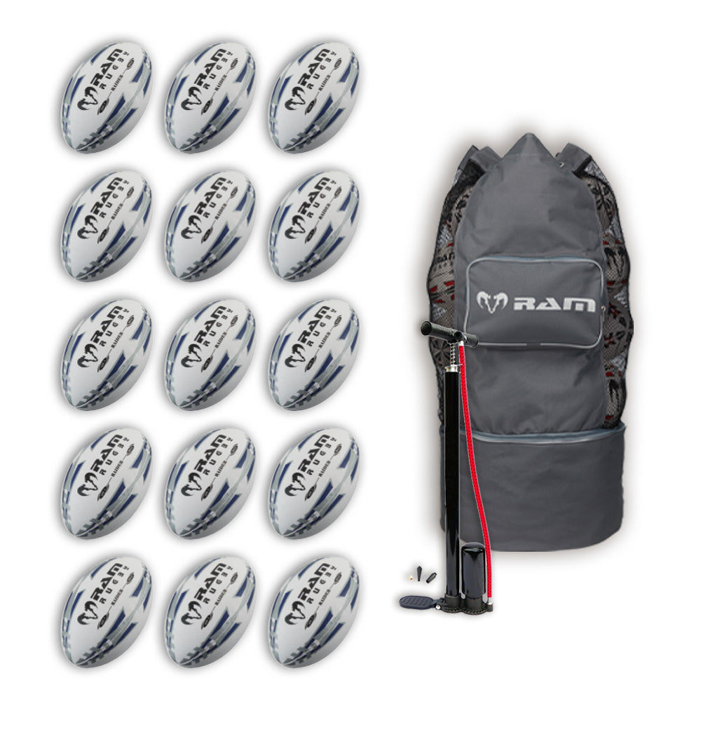 Fifteen black Ram Rugby Raider 2.0 size 5 match balls neatly arranged inside a breathable black carrying bag for storage.