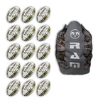 Set of 15 gold Ram Rugby Victor 2.0 Elite size 5 match balls arranged with the included breathable storage bag.