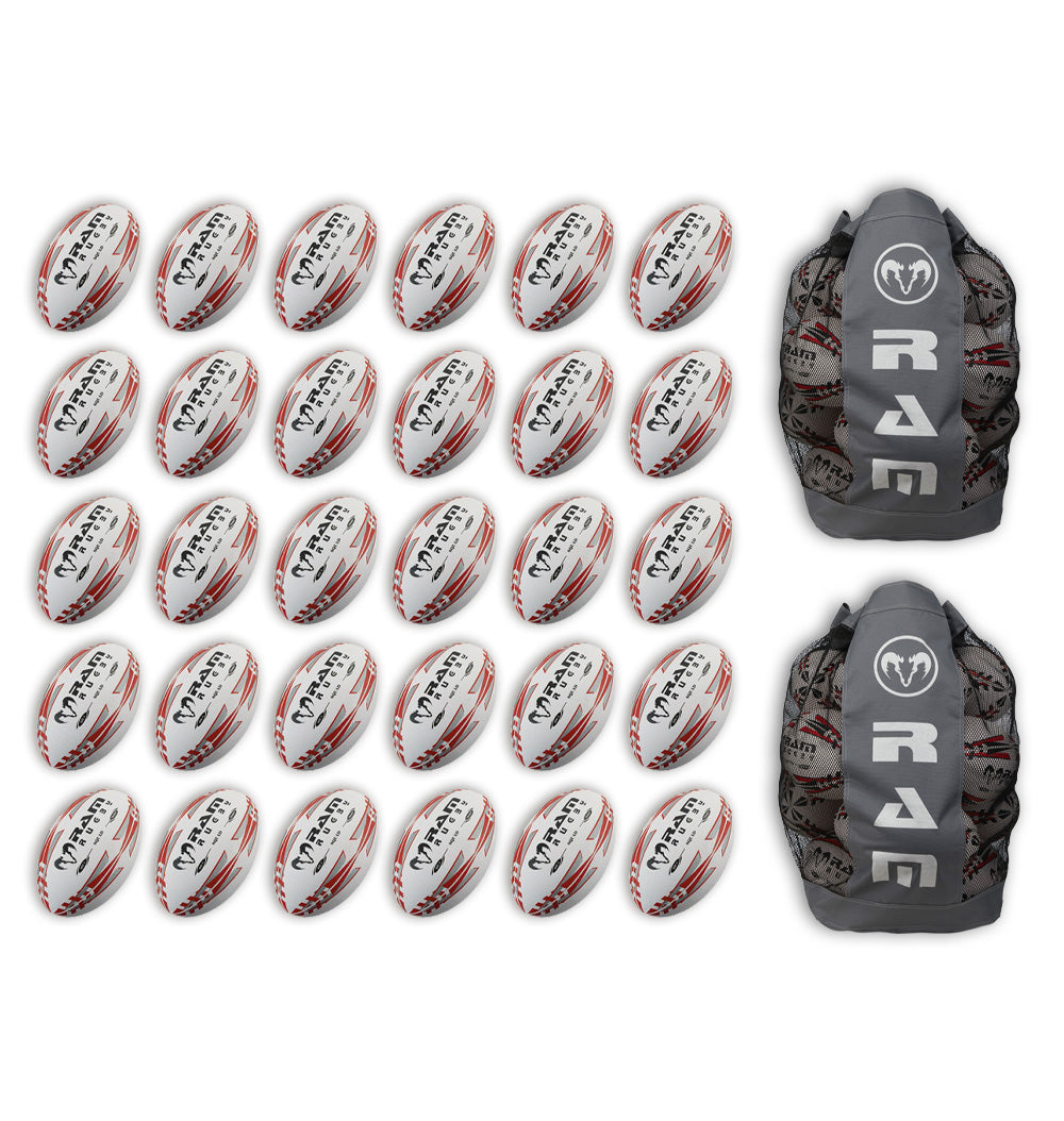 Thirty Ram Rugby Squad Trainer size 5 rugby balls stacked neatly with two black breathable bags for storage and transport.