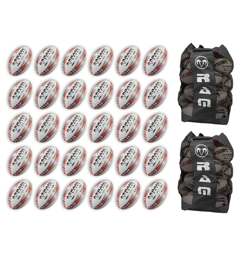Ram Rugby Squad Trainer Ball Bundle showing 30 size 5 rugby balls and 2 breathable storage bags for team training sessions