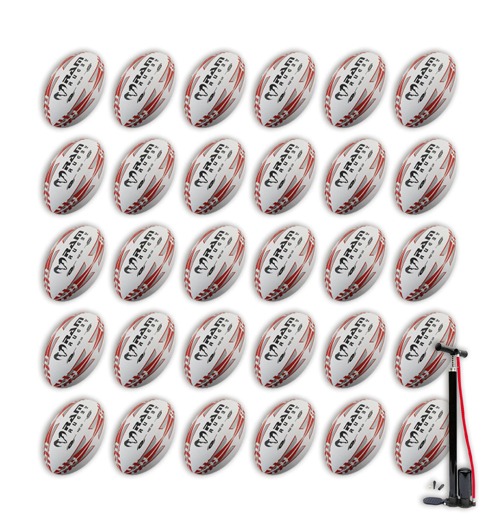Ram Rugby Squad Trainer Ball Bundle showing 30 size 5 black rugby balls with 2 breathable ball storage bags