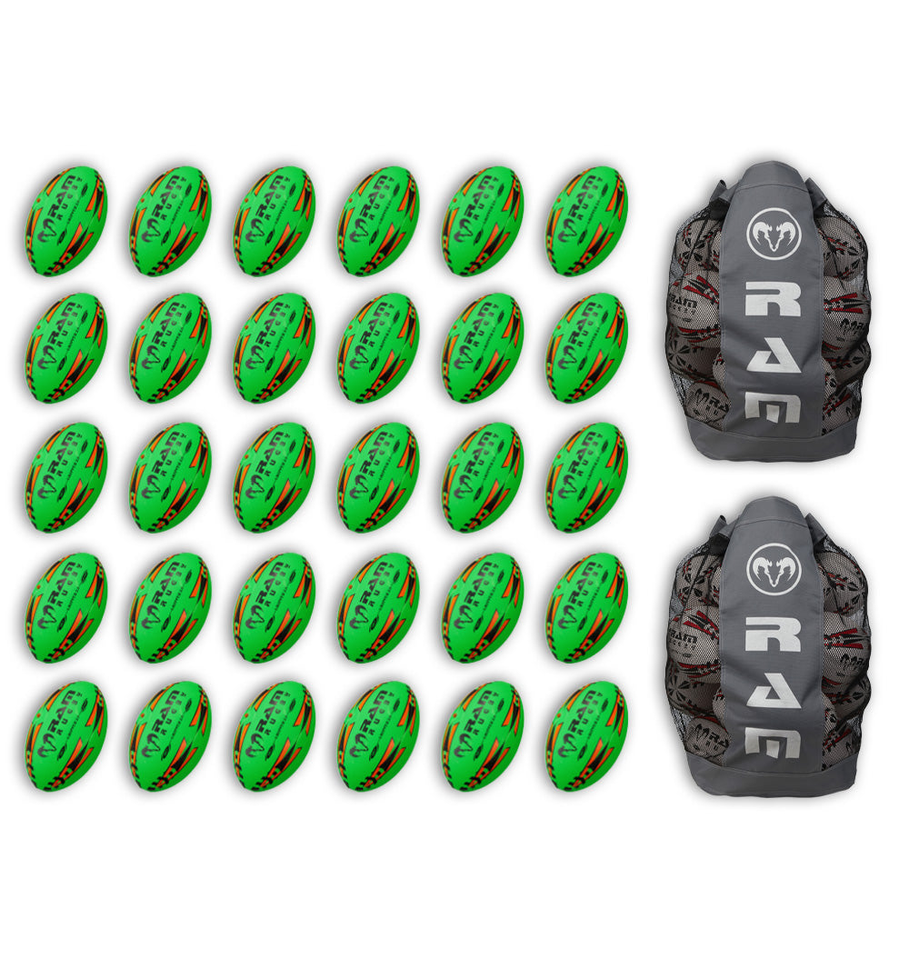 Stack of 30 Ram Rugby Gripper 2.0 Pro Trainer neon yellow, orange, green balls with two breathable storage bags