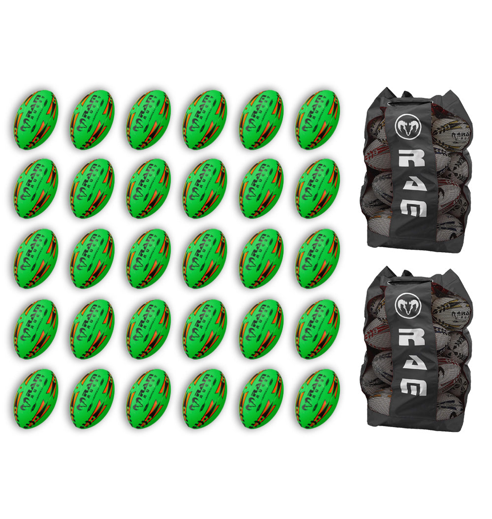 Stack of neon yellow, orange, and green Ram Rugby Gripper 2.0 Pro Trainer balls with breathable storage bags included
