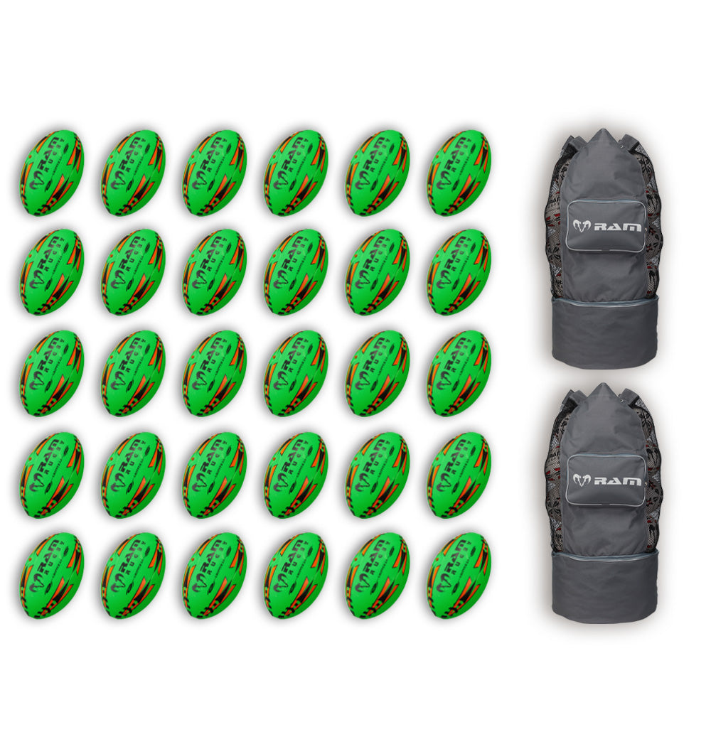 Stack of neon yellow, orange, and green Ram Rugby Gripper 2.0 Pro Trainer balls with two black breathable storage bags