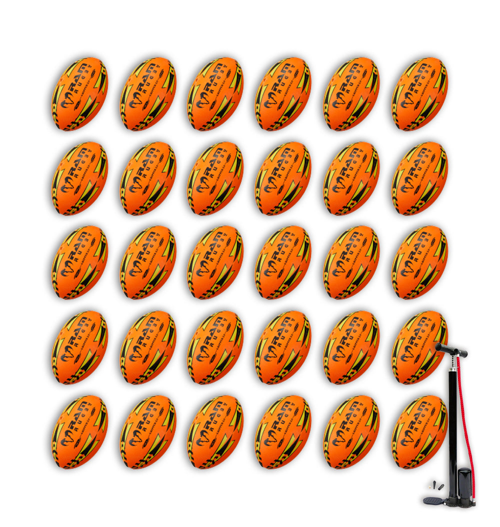 Close-up of Ram Rugby Gripper 2.0 Pro Trainer neon yellow, orange, and green rugby balls packed in two breathable storage bags