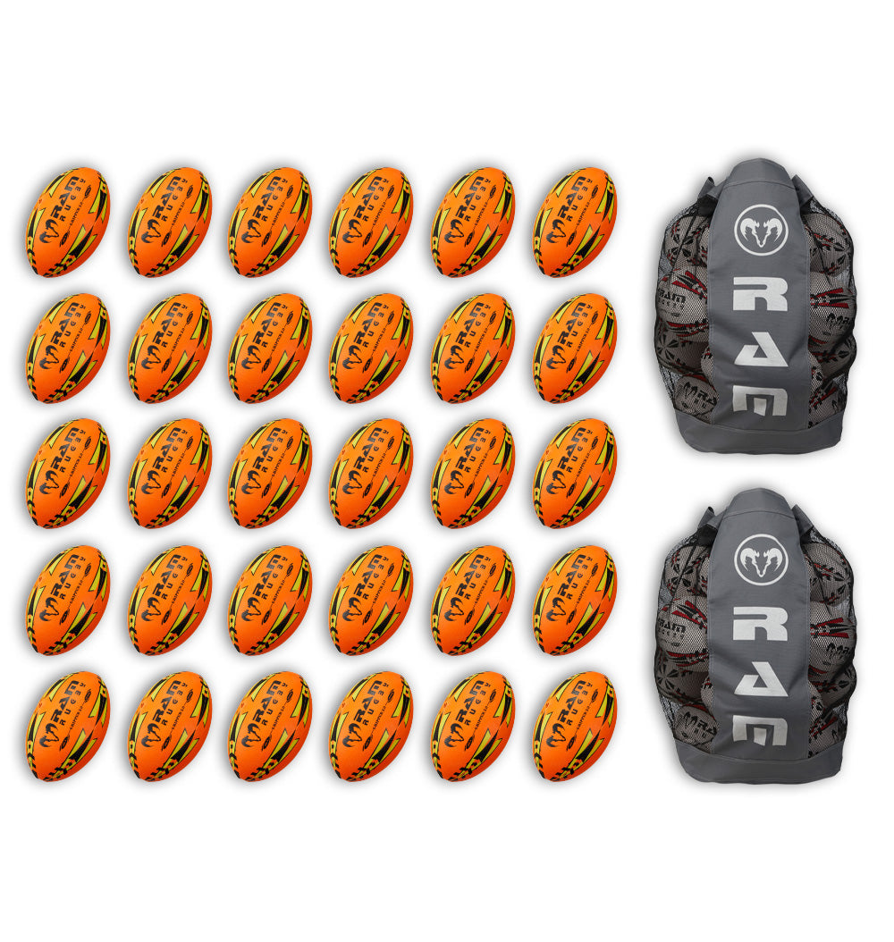 Thirty Ram Rugby Gripper 2.0 Pro Trainer neon yellow, orange, and green rugby balls packed with two breathable storage bags