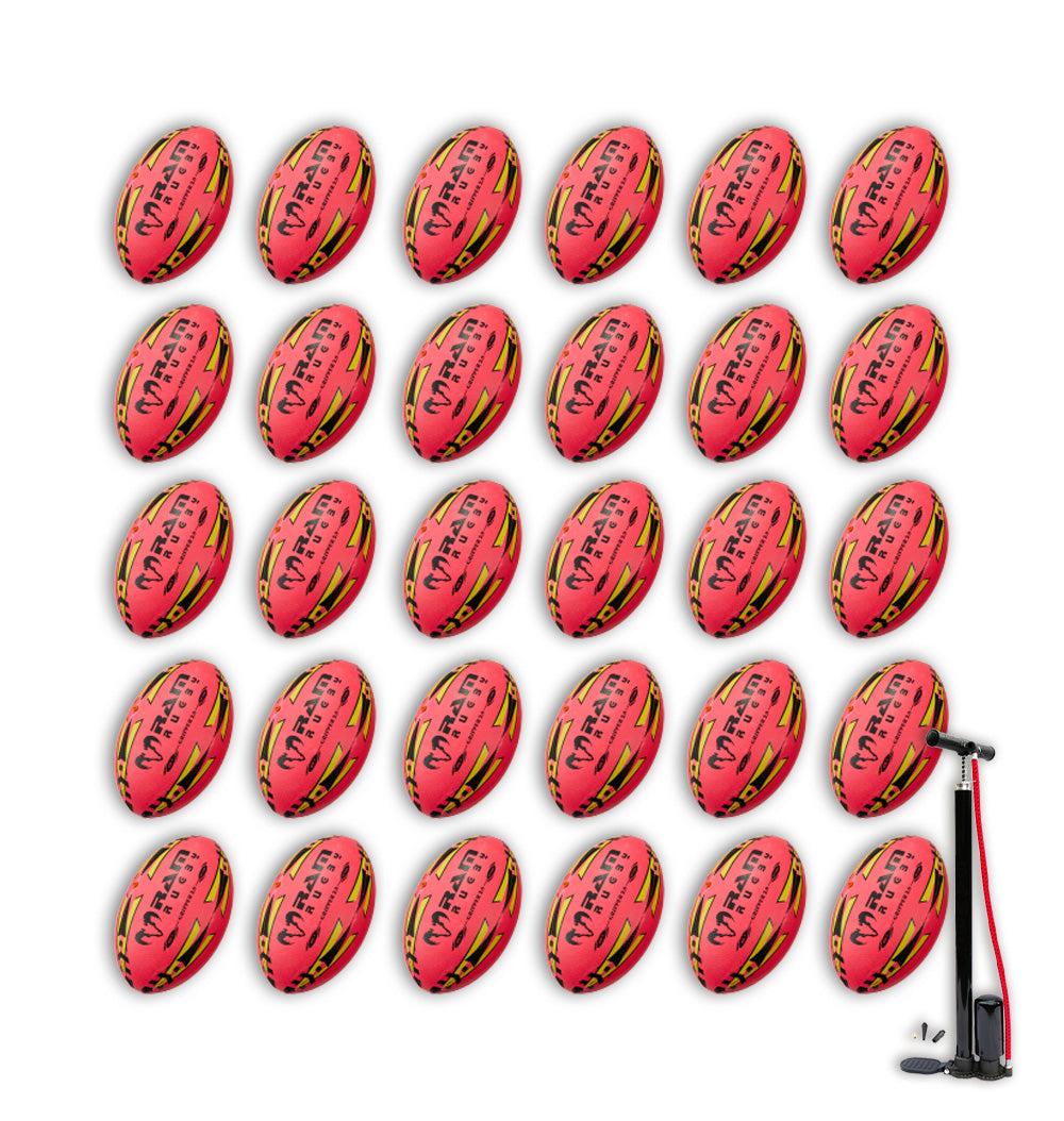 Close-up of Ram Rugby Gripper 2.0 Pro Trainer Neon Pink size 5 rugby ball showing texture and logo detail