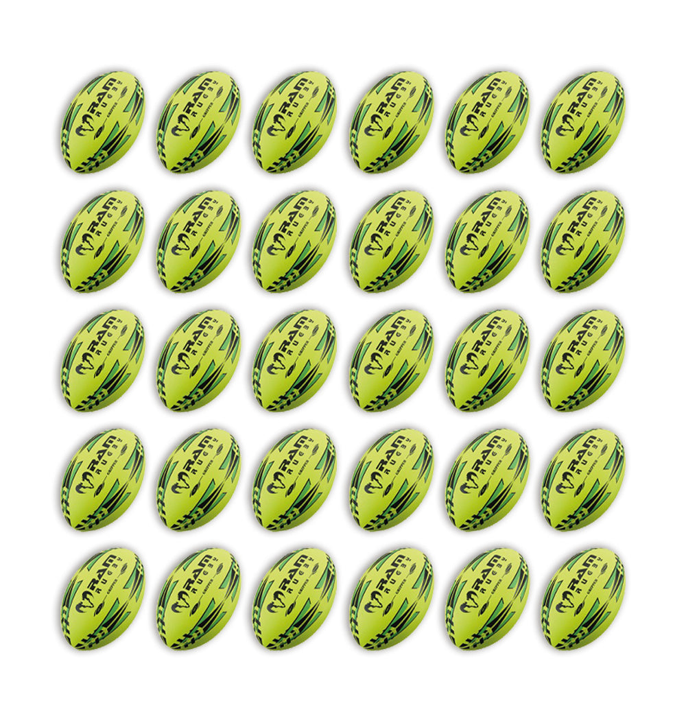 Stacked Ram Rugby Gripper 2.0 Pro Trainer neon yellow, orange, and green rugby balls with two black breathable bags.