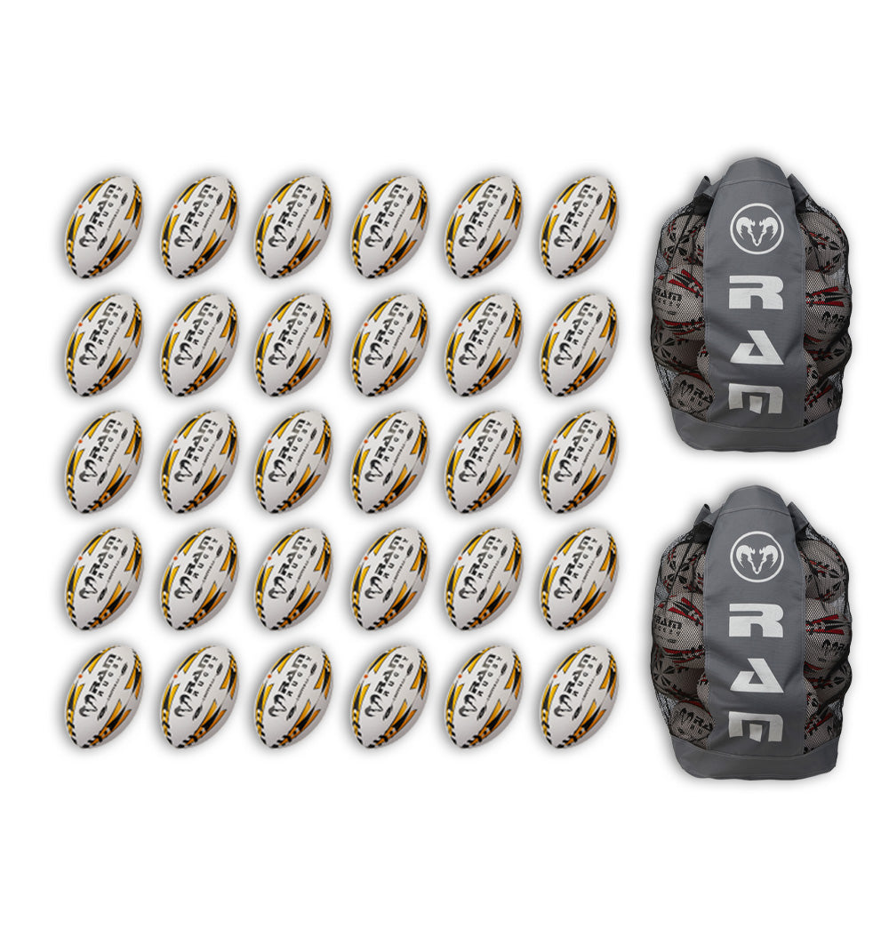 Thirty Ram Rugby Gripper 2.0 Pro Trainer rugby balls stacked with two black breathable ball bags for storage and transport