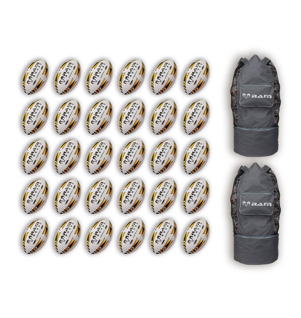 Thirty Ram Rugby Gripper 2.0 Pro Trainer rugby balls stacked with two black breathable ball bags for training and storage.