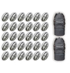 Thirty Gilbert G-TR4000 size 5 trainer rugby balls stacked with two large breathable black ball bags for easy transport and storage