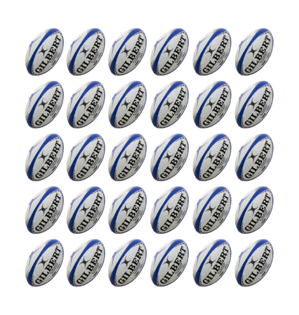 Thirty Gilbert G-TR4000 size 5 trainer rugby balls stacked with two large breathable bags for ball storage and transport