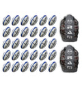 Stacked Gilbert G-TR4000 trainer rugby balls in bright yellow with black detailing, accompanied by two large breathable ball bags for training use