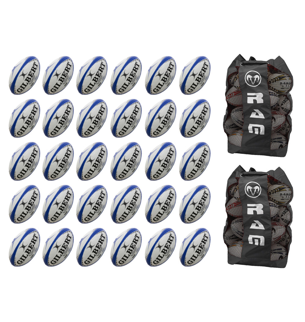 Thirty Gilbert G-TR4000 trainer rugby balls stacked with two large breathable bags designed for storing size 5 balls