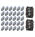 Thirty Gilbert G-TR4000 trainer rugby balls stacked with two large breathable bags designed for storing size 5 balls