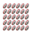 Close-up of Gilbert G-TR4000 trainer rugby balls in team colors stacked inside two large breathable ball bags for training use