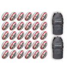 Thirty Gilbert G-TR4000 size 5 trainer rugby balls neatly stacked with two large breathable ball storage bags included