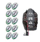 Gilbert Barbarian 2.0 rugby ball bundle showing 10 size 5 match balls with breathable storage bag for training and games