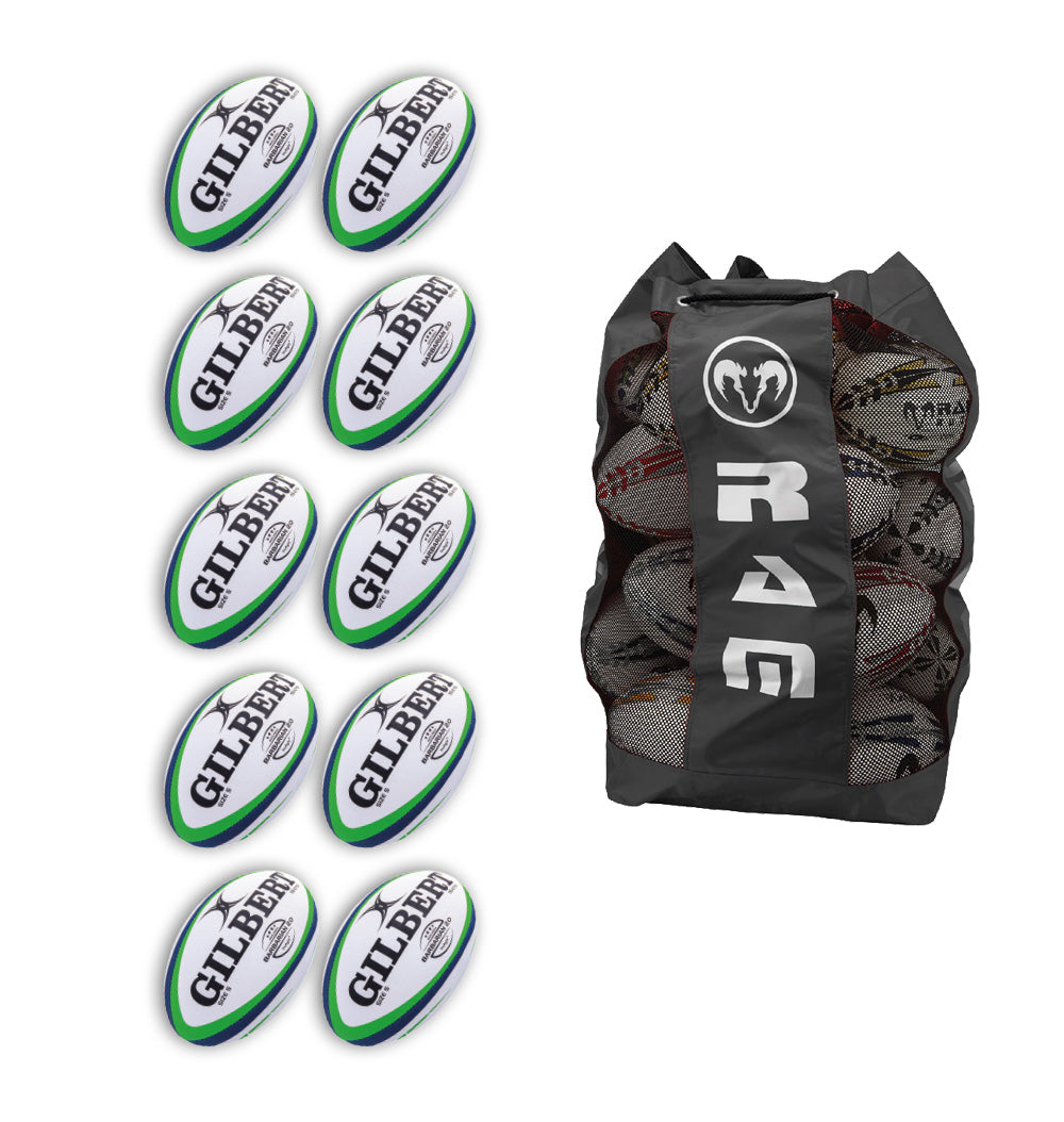 Ten Gilbert Barbarian 2.0 Size 5 rugby balls stacked inside a breathable black Gilbert ball bag for training and matches