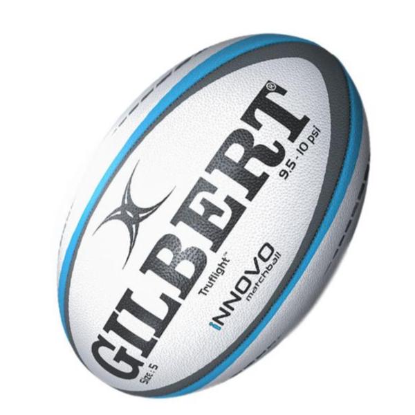 Gilbert Innovo Size 5 rugby match ball by Ram Rugby with hand-stitched durable rubber surface and synthetic latex bladder
