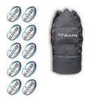 Ten Gilbert Innovo size 5 rugby match balls stacked inside a breathable storage bag for high performance team training.