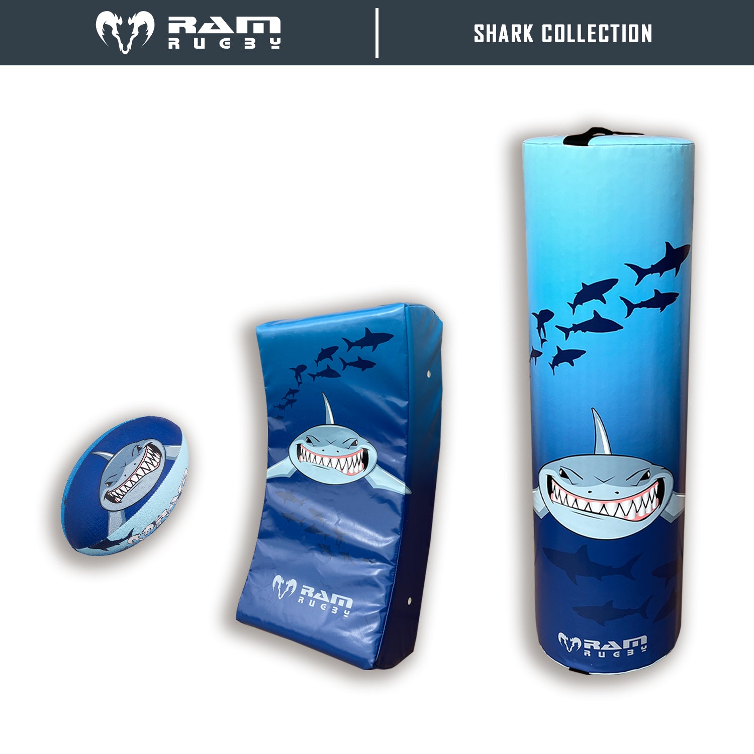 Ram Rugby Animal Design Curve Hit Shield in blue nylon with reinforced handles for rugby contact and tackling training.