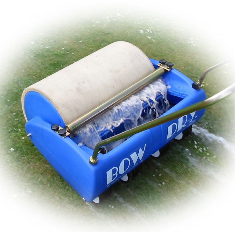 Bowdry Water Remover on rugby pitch showing lightweight 4-wheel chassis and foam roller for efficient water removal.